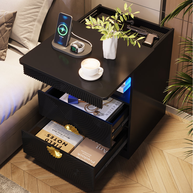 Table de chevet 2 tiroirs avec lumière DEL et station de charge l 17,7 po, Noir