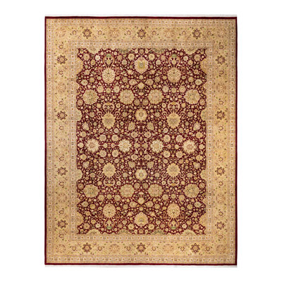 Tapis rouge / beige / vert en laine noué à la main de conception unique 10 pi 3 po x 13 pi 3 po Trenea Mogul