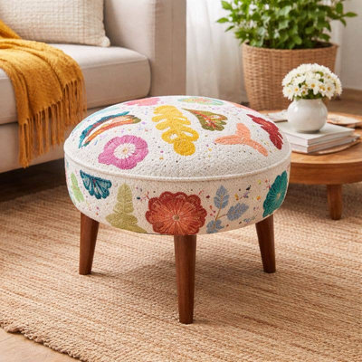 Suzani Embroidered Upholstered Ottoman Accent Stool, 21x18"