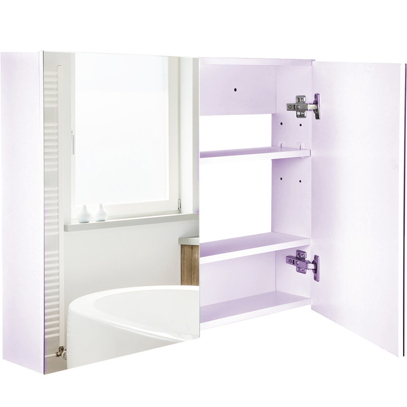 Miroir mural de salle de bain à double porte avec construction, l 31,5 po x P 6 po, H 23,5 po, blanc, planche d'ingénierie en bois et tablette inférieure pour le rangement, blanc