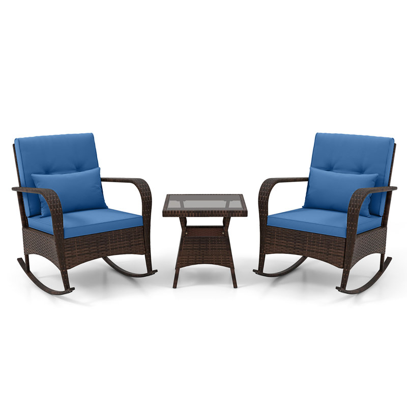 3PCS Outdoor Rocking Set Rattan Rocker Chairs w/ Tempered Glass Coffee Table Wicker Rocker Set, Blue