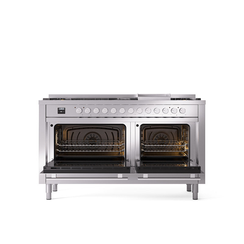 ILVE Professional Plus II 60 in Dual Fuel Range 9 Burner, Griddle, Liquid Propane, Stainless Steel