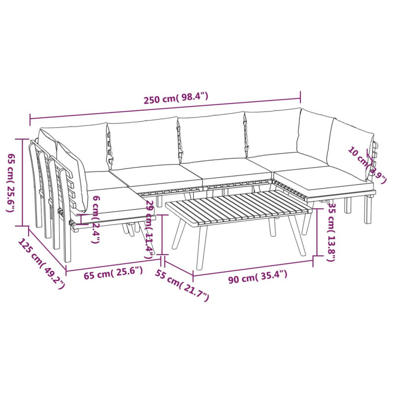 Chaise longue avec coussins 4 pièces Damita, 7 pièces: 2 de coin, 4 de milieu, table