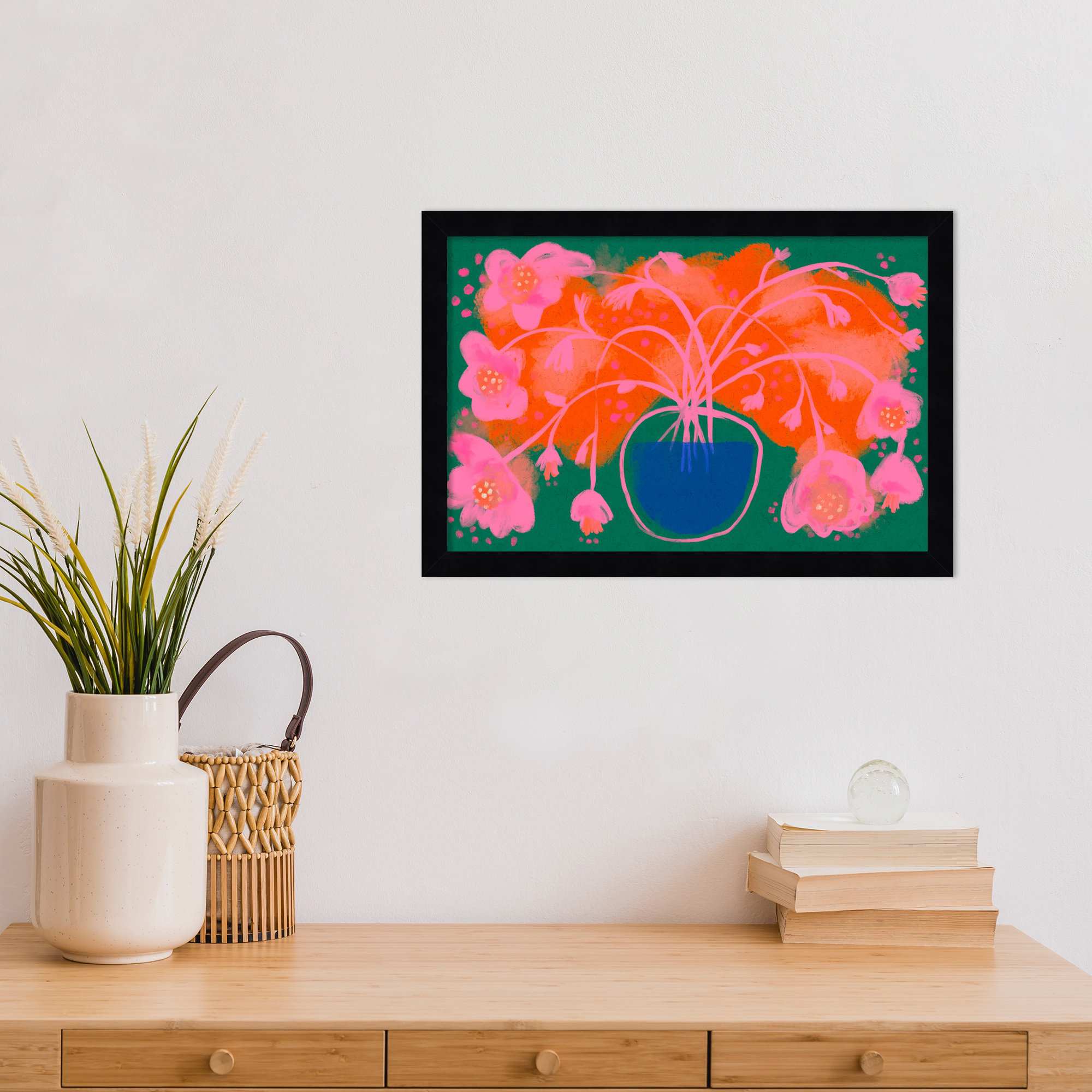 Pink Flower Bouquet by Treechild  Wood Framed Wall Art Print, 12" H x 17" W, Black