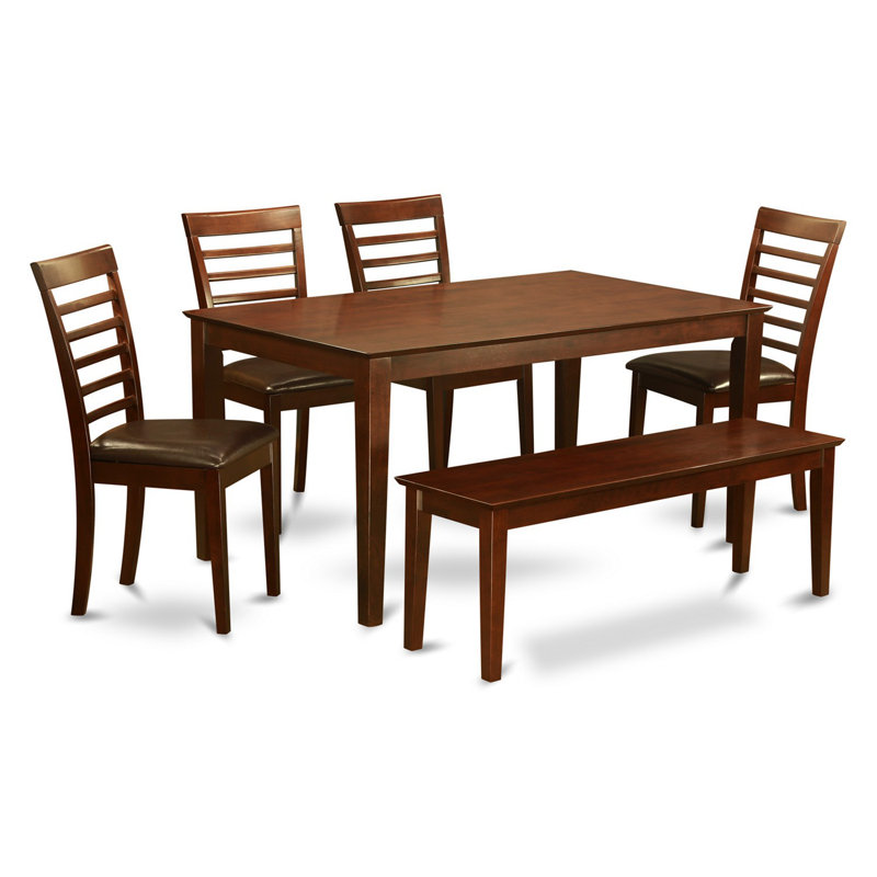 L'ensemble de table de salle à manger 6 pièces contient une table de salle à manger rectangulaire et 4 chaises rembourrées en similicuir avec un banc, 36 x 60 pouces, acajou