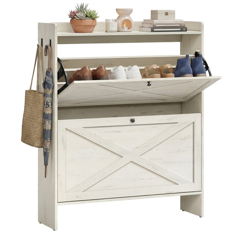 Range-chaussures 16 paires avec 2 tiroirs rabattables, Blanc, 40.4'' H x 33'' W x 9.5'' D