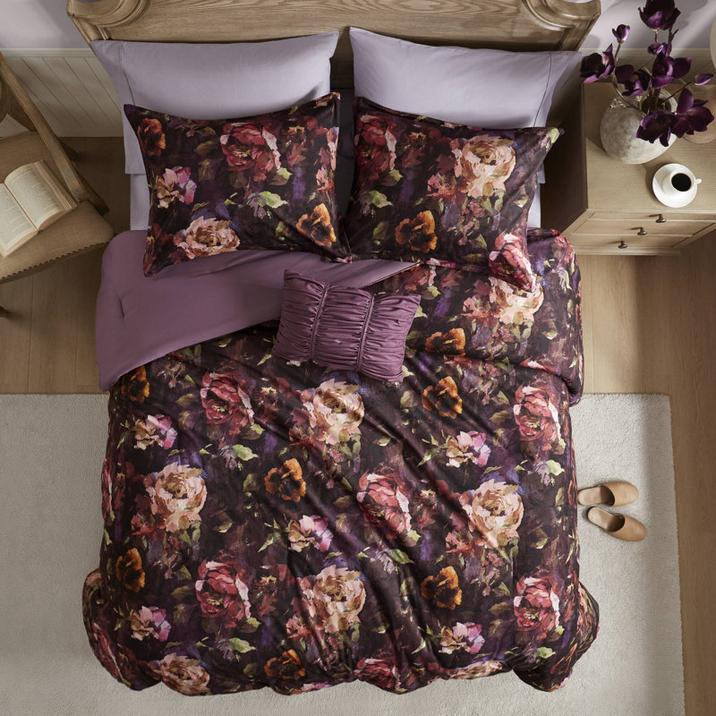 Seraphina Purple Velvet Botanical Printed 4-Piece Queen Comforter Set, Queen Comforter + 3 Additional Pieces