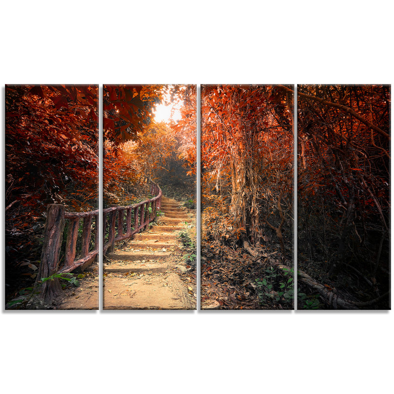 « escalier through red automne forest », ensemble de 4 reproductions de photos sur toiles tendues