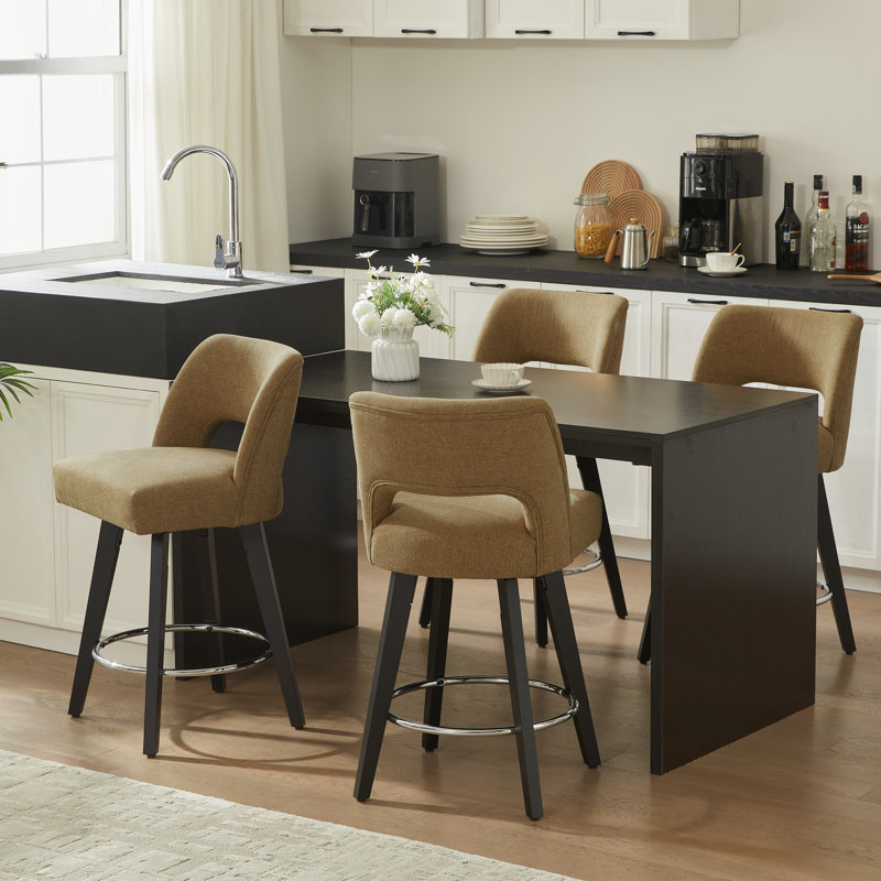 26.4" Swivel Bar Stools Set of 4, Black Solid Wood Legs & Metal Ring Footrest, 4, Silver Footrest - Yellow