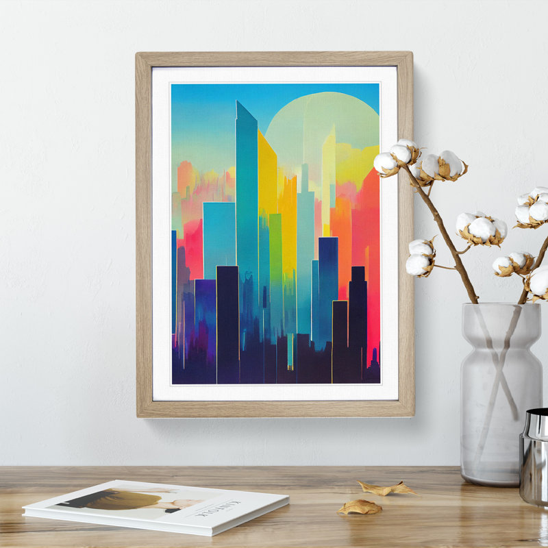 Sensational City Skyline Abstract - Framed Print, 46cm H x 34cm W x 2cm D, Oak