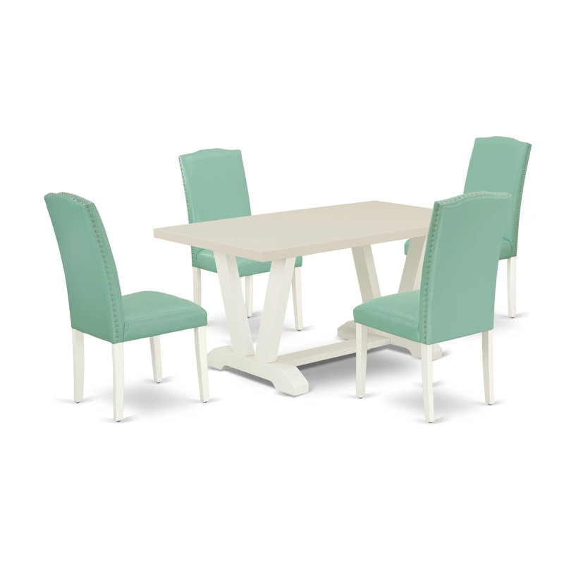 L'ensemble de mobilier de salle à manger 5 pièces comprend une table de salle à manger rectangulaire avec des pieds en V et 4 chaises Parsons en simili cuir pour étang, lin brossé blanc
