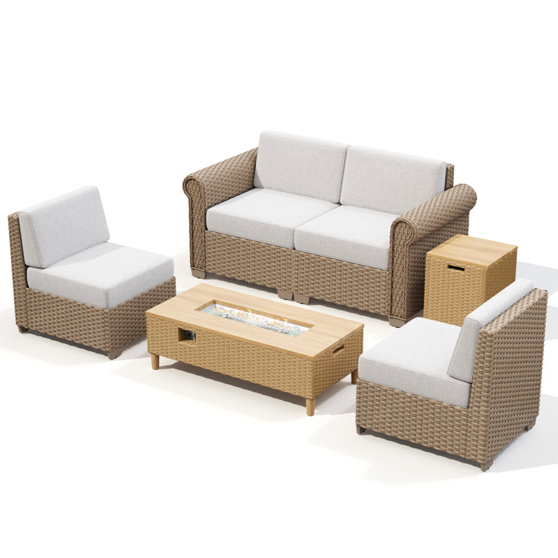 4-seat Outdoor Conversation Sofa Set With Fireplace, 5 Pcs: 2 Chairs, Fire Pit, Loveseat,  Side Table