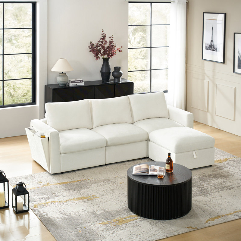 Doulyn 4 Piece Storage Modular Sectional Sofa with Multi-Functional Armrests, Beige Polyester Blend
