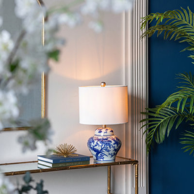 Lampe de table bleue et blanche en céramique chinoise avec abat-jour en lin