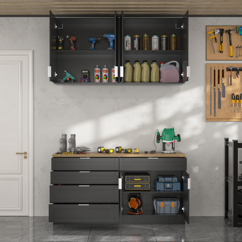Heavy-Duty Modular Garage Storage Cabinet Set With Oak Worktop And Soft-Close Features