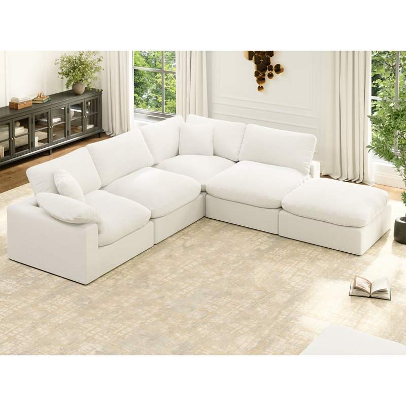  Canapé modulaire rembourré en duvet avec repose-pieds pour le bureau Hifza, Mélange de lin blanc
