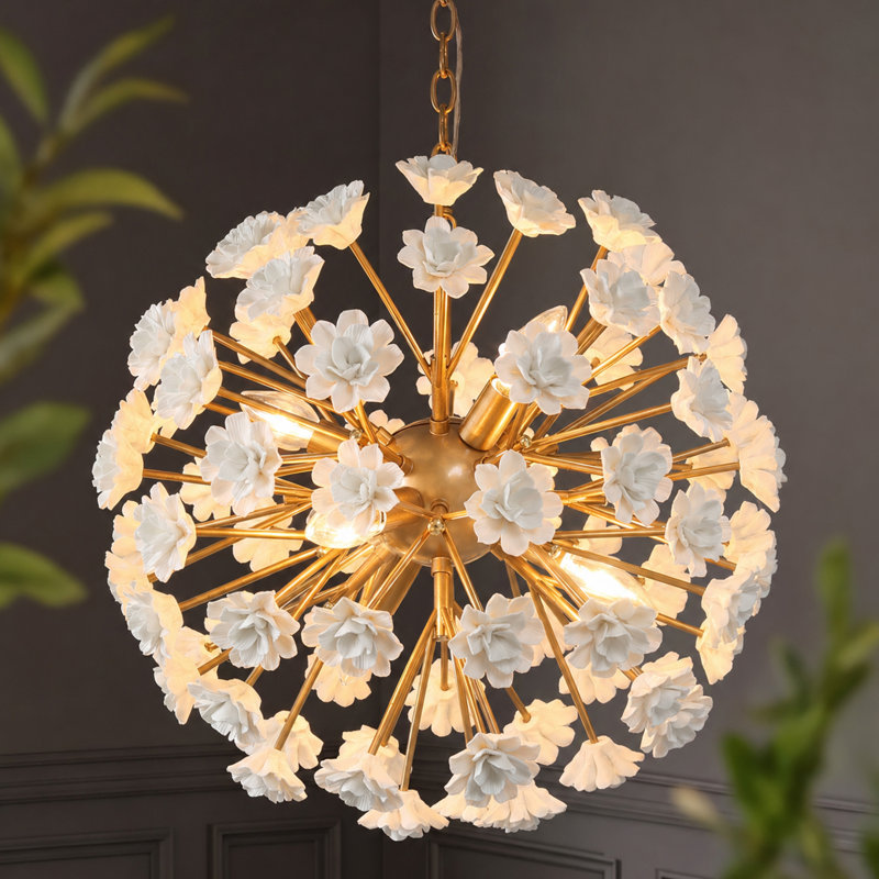 6-Light Ceramic Flower Statement Pendant Chandelier with Warm Gold Accents Nature-Inspired UL listed