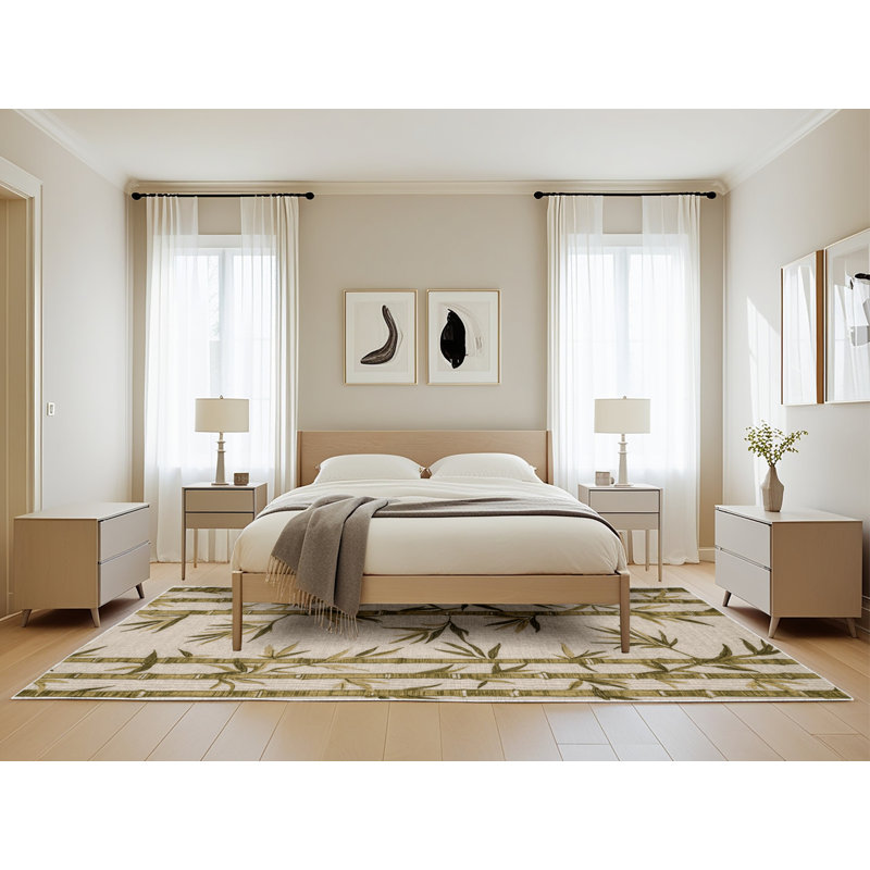 Tapis botanique beige lavable à la machine, Rectangle 5 pi x 8 pi