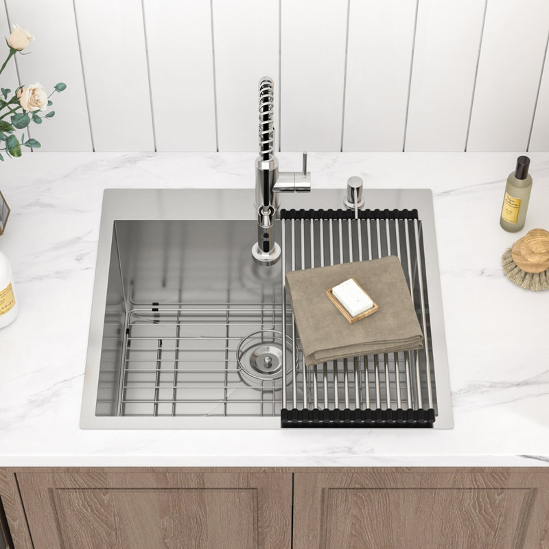 Évier utilitaire encastrable 25 po L 25 po x l 22 po avec distributeur de savon, Robinet à ressort