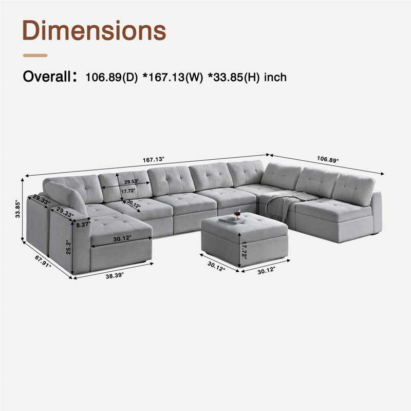 Canapé modulaire en U avec méridienne, Polyester gris