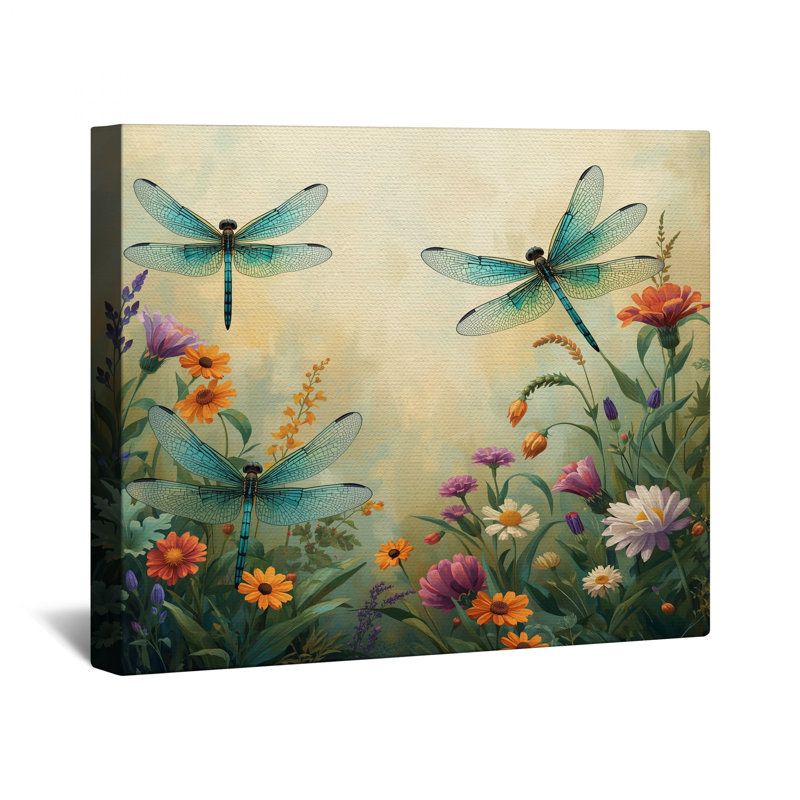 Toile de libellule avec libellules et fleurs colorées, 16 x 16 pouces