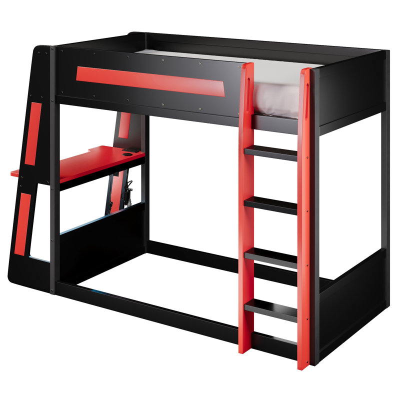 Twin Wooden Gaming Bunk Bed with Desk, Two Storage Shelves, USB Charging & LED Light,Black+Red, Red, Twin over Twin