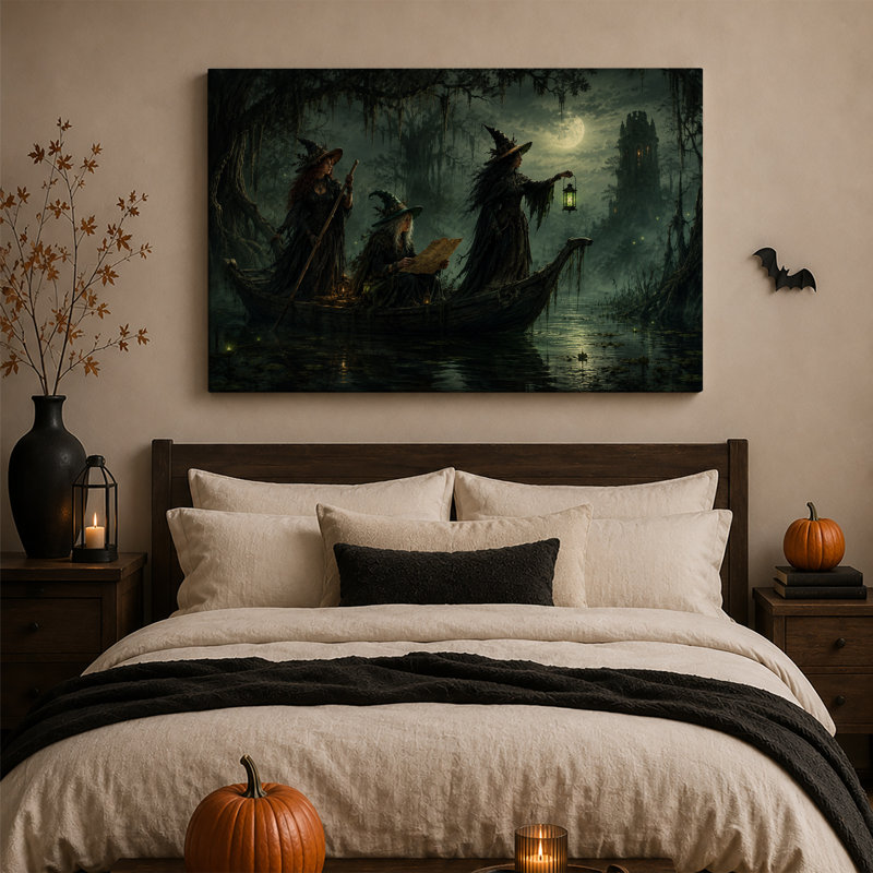 «Three Witches in Boat at Moonlit Swamp Halloween», art mural sur toile, H 28 po x l 40 po