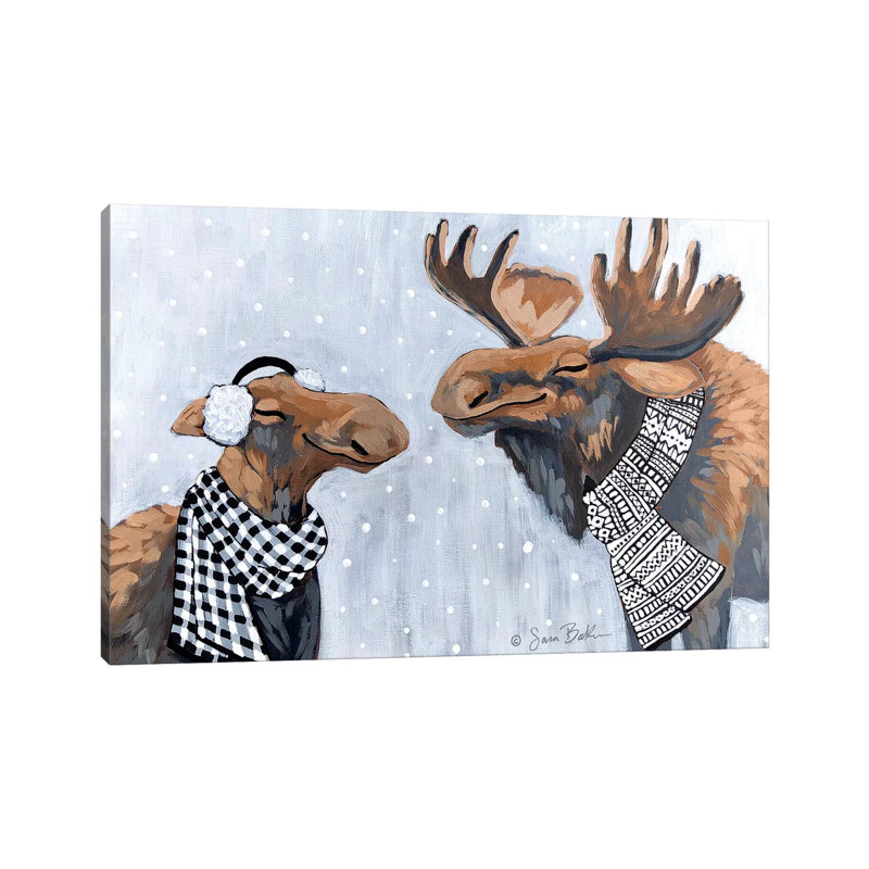 «Winter Moose Kisses» par Sara Baker, reproduction d'art sur toile tendue, H 18 po x l 26 po x P 1,5 po