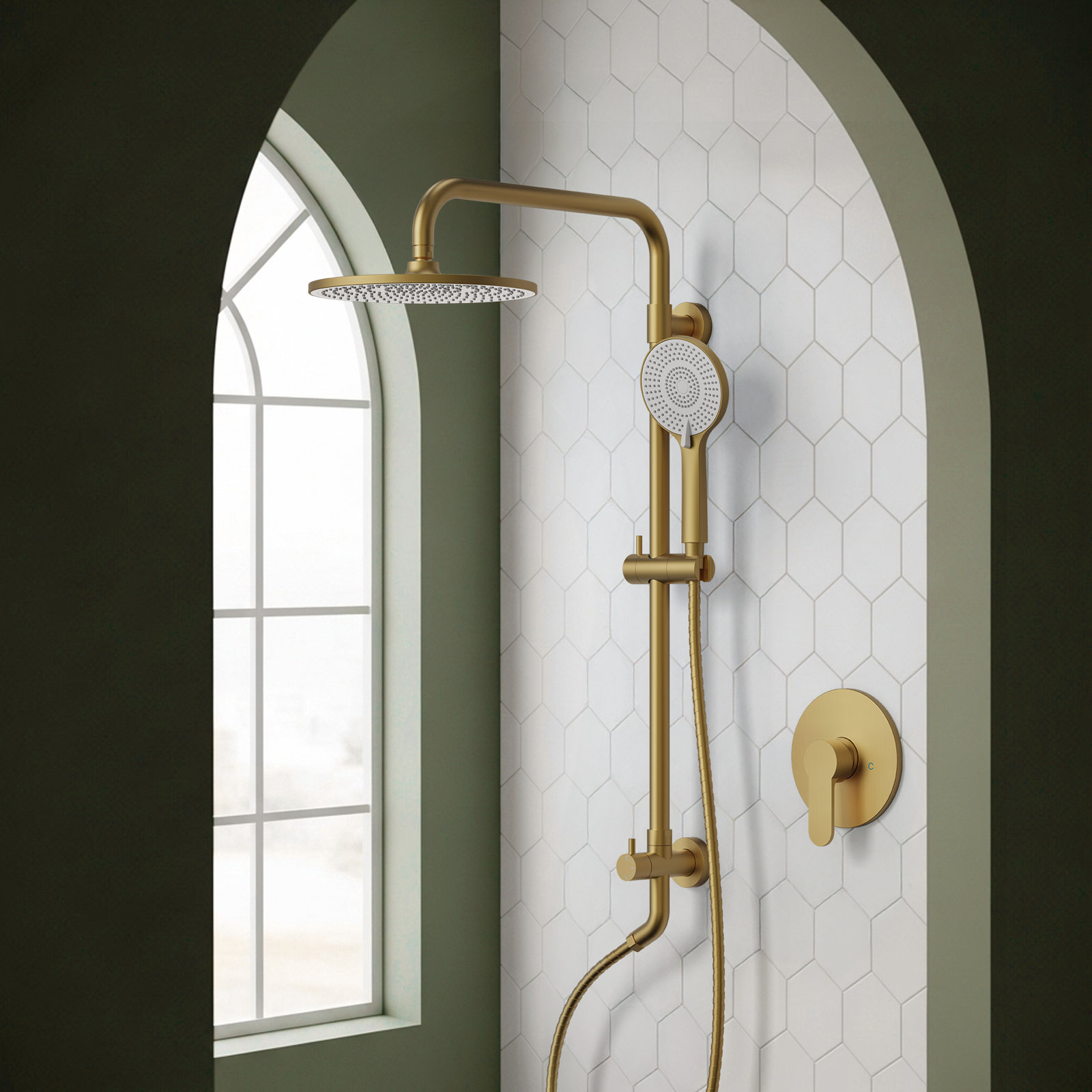 10" Wall Mount Rainfall Shower System, Brushed Gold