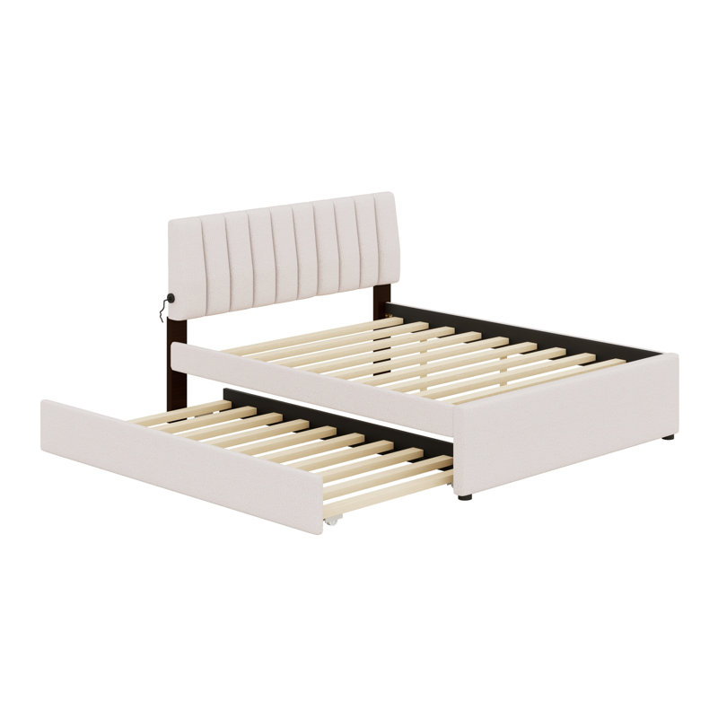 Lit plateforme tapissier avec lit gigogne, Beige
