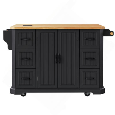 56 Inch Kitchen Island With Rubber Wood Veneer Drop Leaf, Power Outlet, 4 Door Shelves, Embossed Vertical Stripe Rolling Kitchen Cart On 4 Wheels With 6 Deep Drawers For Kitchen, Dining Room