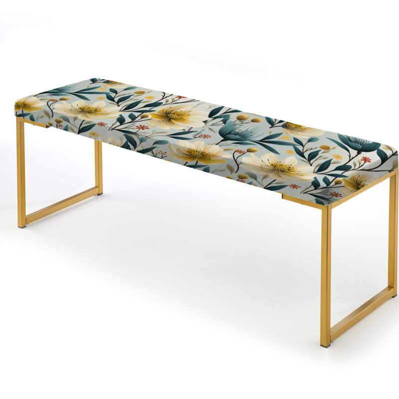 Floral Upholstered Gold Bench, Ethereal Botanicals Peonies 
