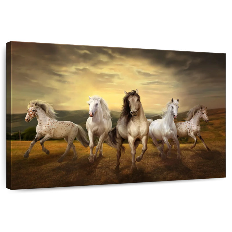 Crowle, lever de soleil, chevaux au galop, H 8 po x l 12 po