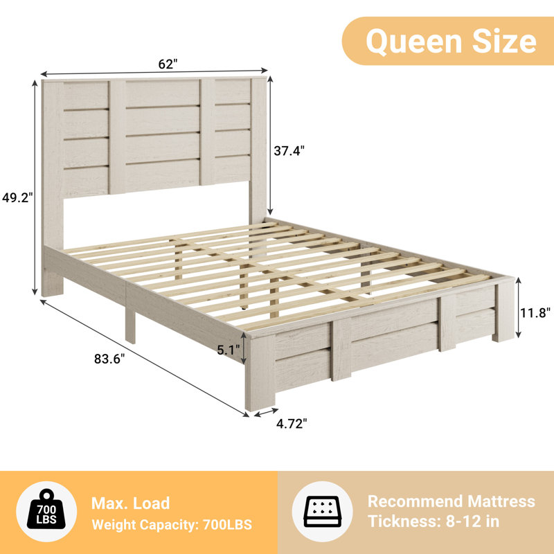 Queen Size Wood Bed Frame With Tall Headboard, Farmhouse Platform Bed With Solid Wood Slats Support, No Box Spring Needed