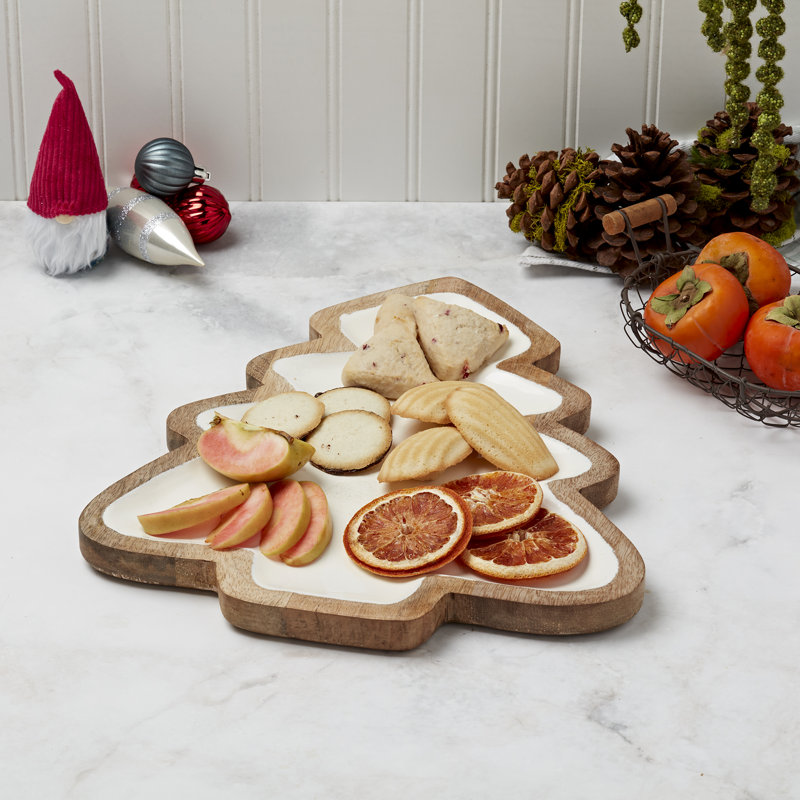 Holiday Serveware 14" MANGO WOOD W/ ENAMEL WHITE CHRISTMAS TREE