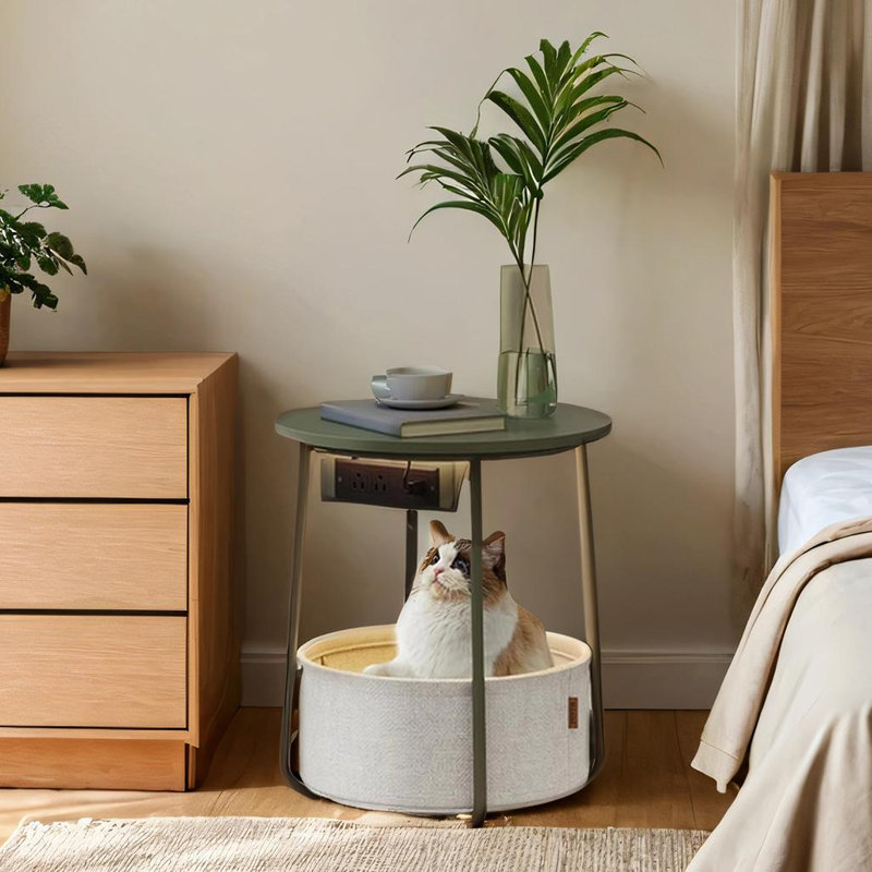 End Table With Charging Station, Led Light, Forest Green
