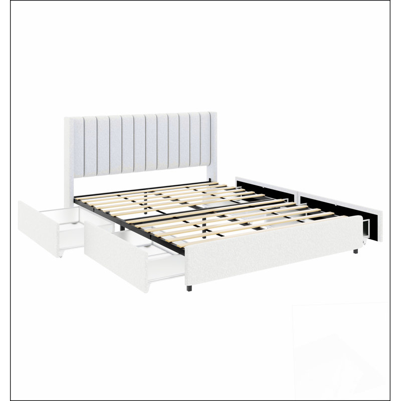 Grand lit plateforme tapissier ivoire avec rangement breveté à 4 tiroirs