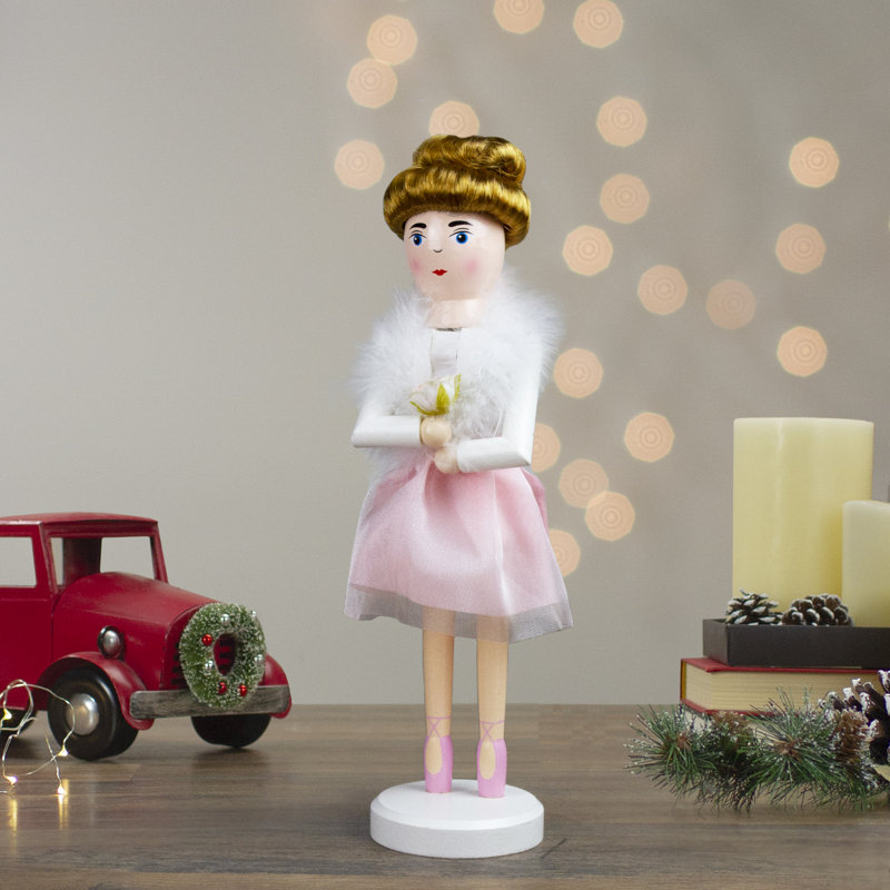 14" Pink Wooden Christmas Nutcracker Ballerina with Tulle Skirt