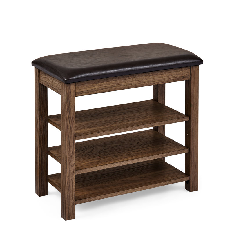 Comfortable Height-Adjustable Stool, Brown Rubberwood, Leather, Storage Space And Practical Bench, Adjustable Height, Three Layers Of Ventilation