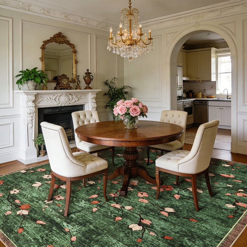 8x10 Area Rug for Living Room, Vintage Floral Rug, Washable Non Slip & Low Pile Carpet for Living Room, Bedroom, Dining Room, Dark Green