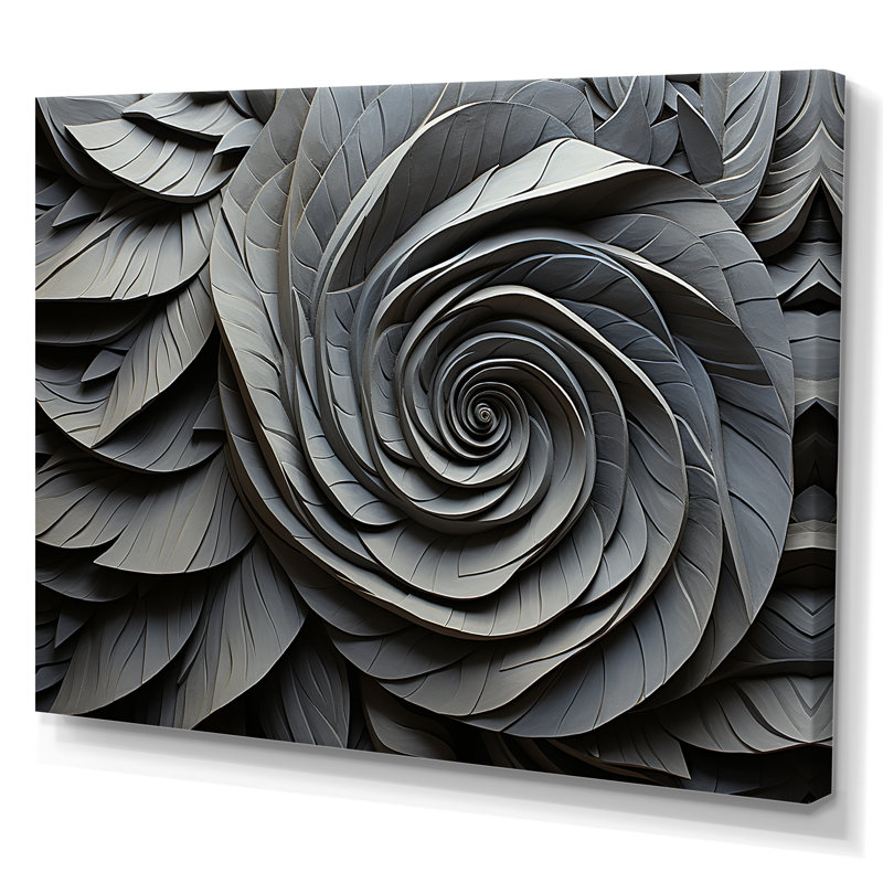 «Grey Spiraling Abstrract Flowers», art mural abstrait en spirale, Toile tendue, H 34 po x l 44 po x P 1,5 po