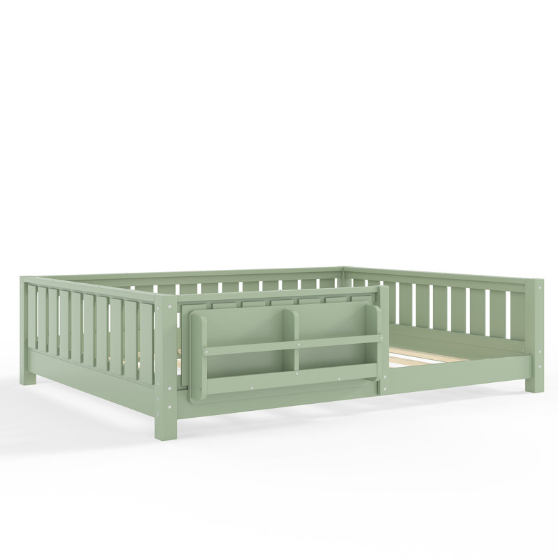 Structure de lit double avec bibliothèque et garde-corps de sécurité, lit plateforme avec rangement, mobilier de chambre à coucher, vert