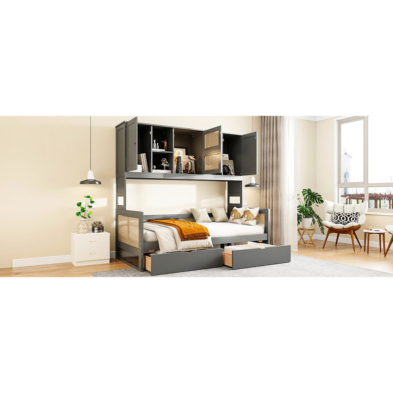 Lit de jour simple avec 2 tiroirs et armoire multifonctionnelle, solutions de rangement fonctionnelles grises, Lit simple