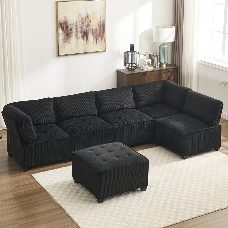 Ensemble de 6 canapés modulaires, méridienne réversible et sièges confortables pour 6 personnes, Noir