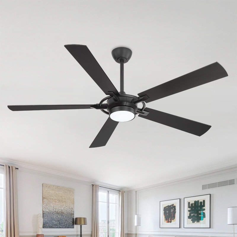 60 po Ventilateur de plafond intérieur avec ensemble d'éclairage et télécommande, Noir, Noir
