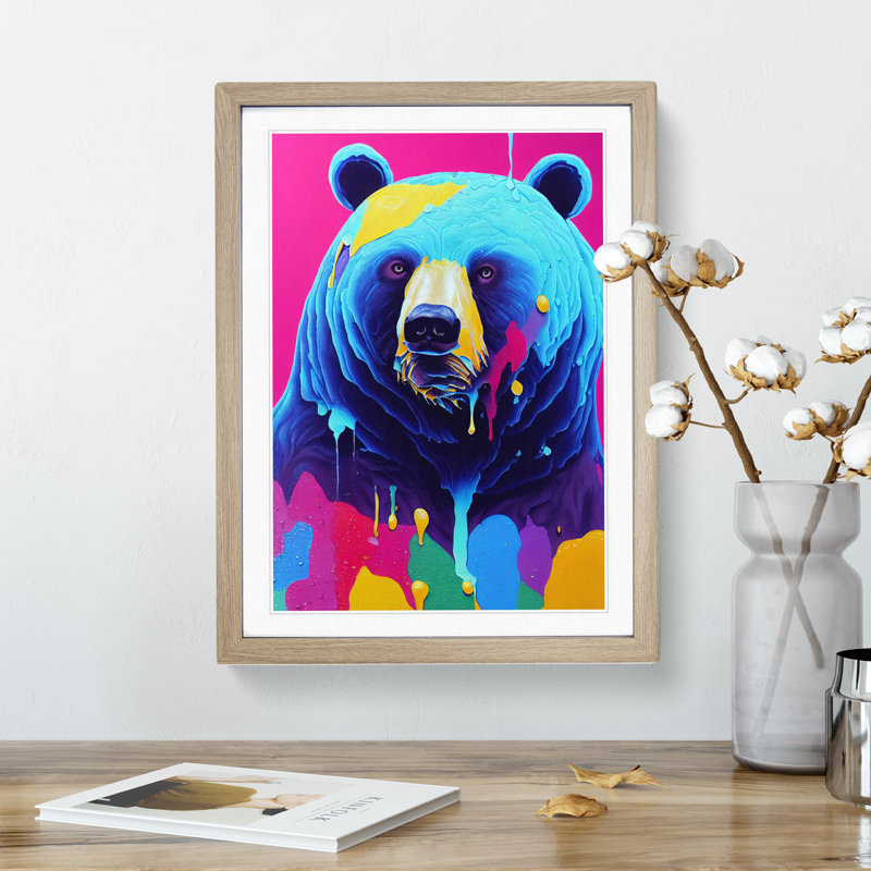 Colourful Bear No.4 - Wall Art, 48cm H x 36cm W, Oak Framed, White
