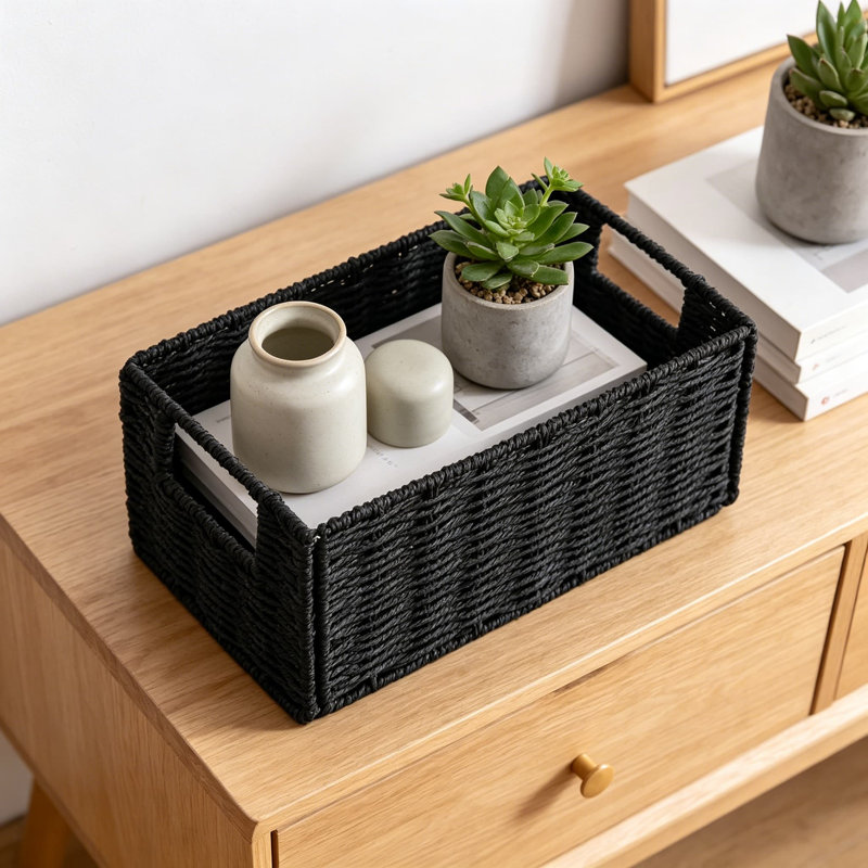Set of 2 Hand-Woven Paper Rope Wicker Storage Baskets, Foldable Small Cube Organizer Bins for Shelves, Bathroom, Kitchen, and Pantry