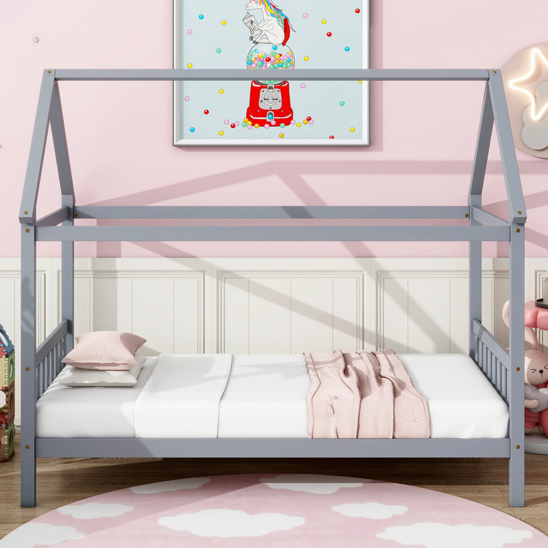 Lit simple avec tête et pied de lit, lit simple en bois d'hévéa avec cadre de maison, Gris