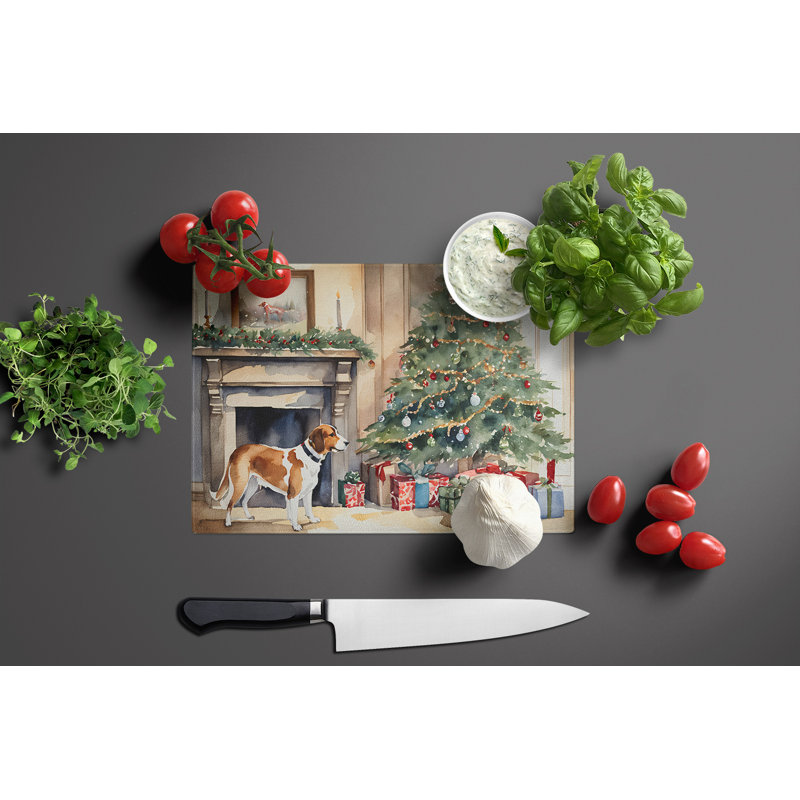 English Foxhound Cozy Christmas Glass Cutting Board Large