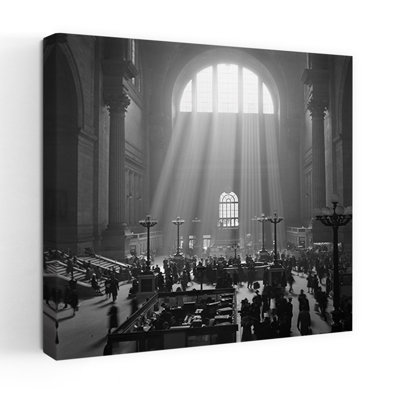 1930s 1940s INTERIOR PENNSYLVANIA STATION NEW YORK CITY WITH SUN RAYS STREAMING IN WINDOW 1 Piece Wrapped Canvas Wall Art